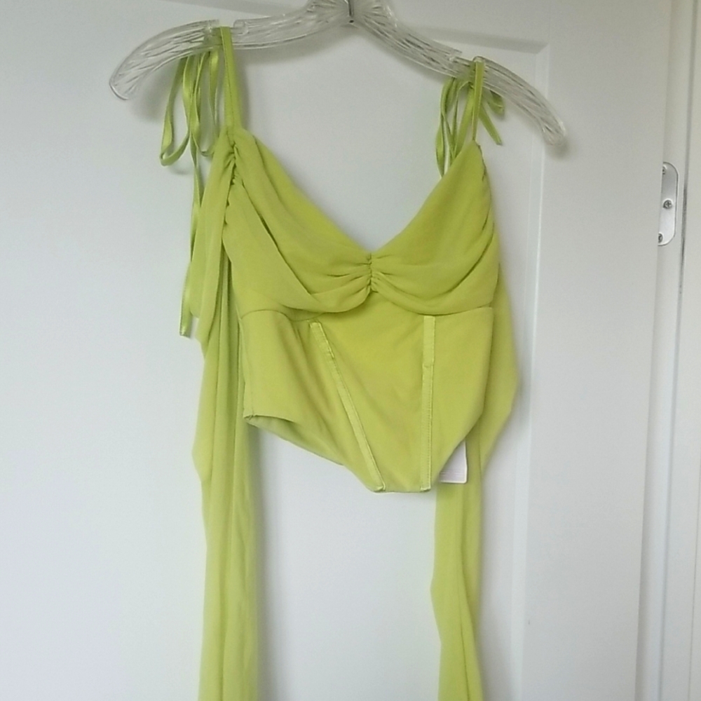Marthea Lime Green Sleeveless Cropp Top with Tie Front Asymmetrical Design New S